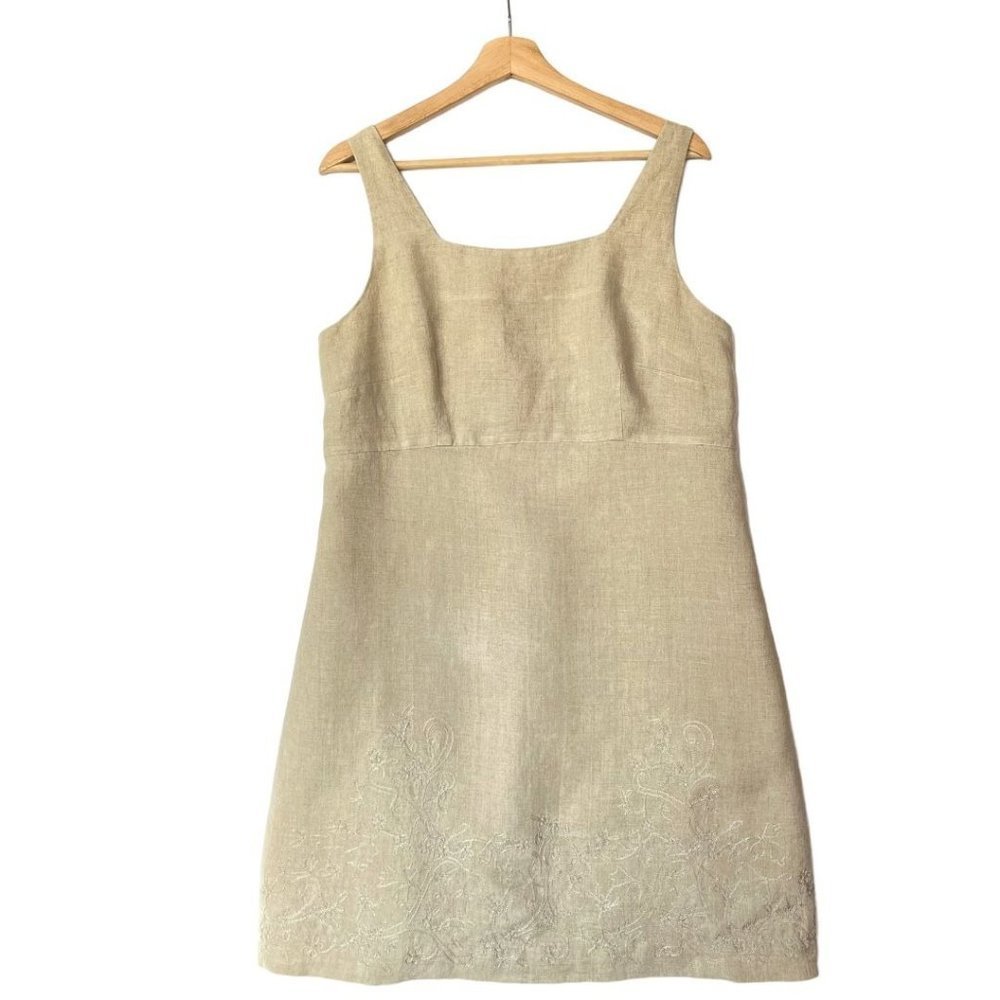 Y2k The Limited Tan Linen Embroidered Hem Sleeveless Shift Mini Dress Size 12.
